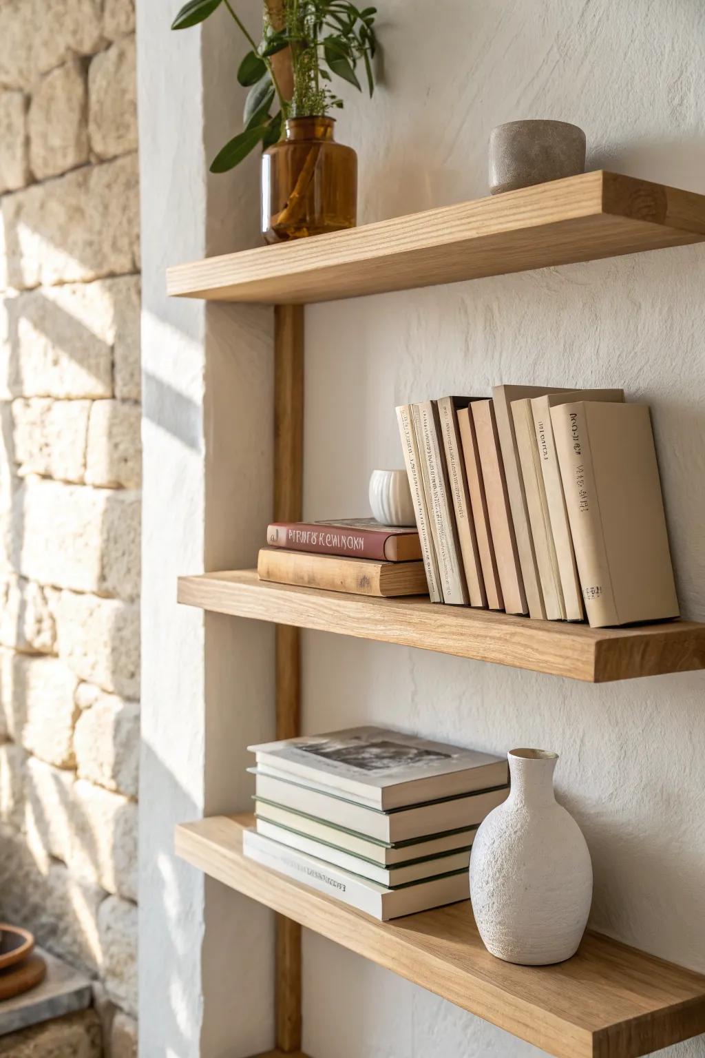 Airy floating shelves: vertical + horizontal book stacks for a light, styled living room.