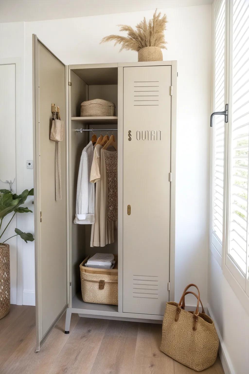 A slim bedroom locker turned mini wardrobe—door hooks and a ready outfit, boutique-style.