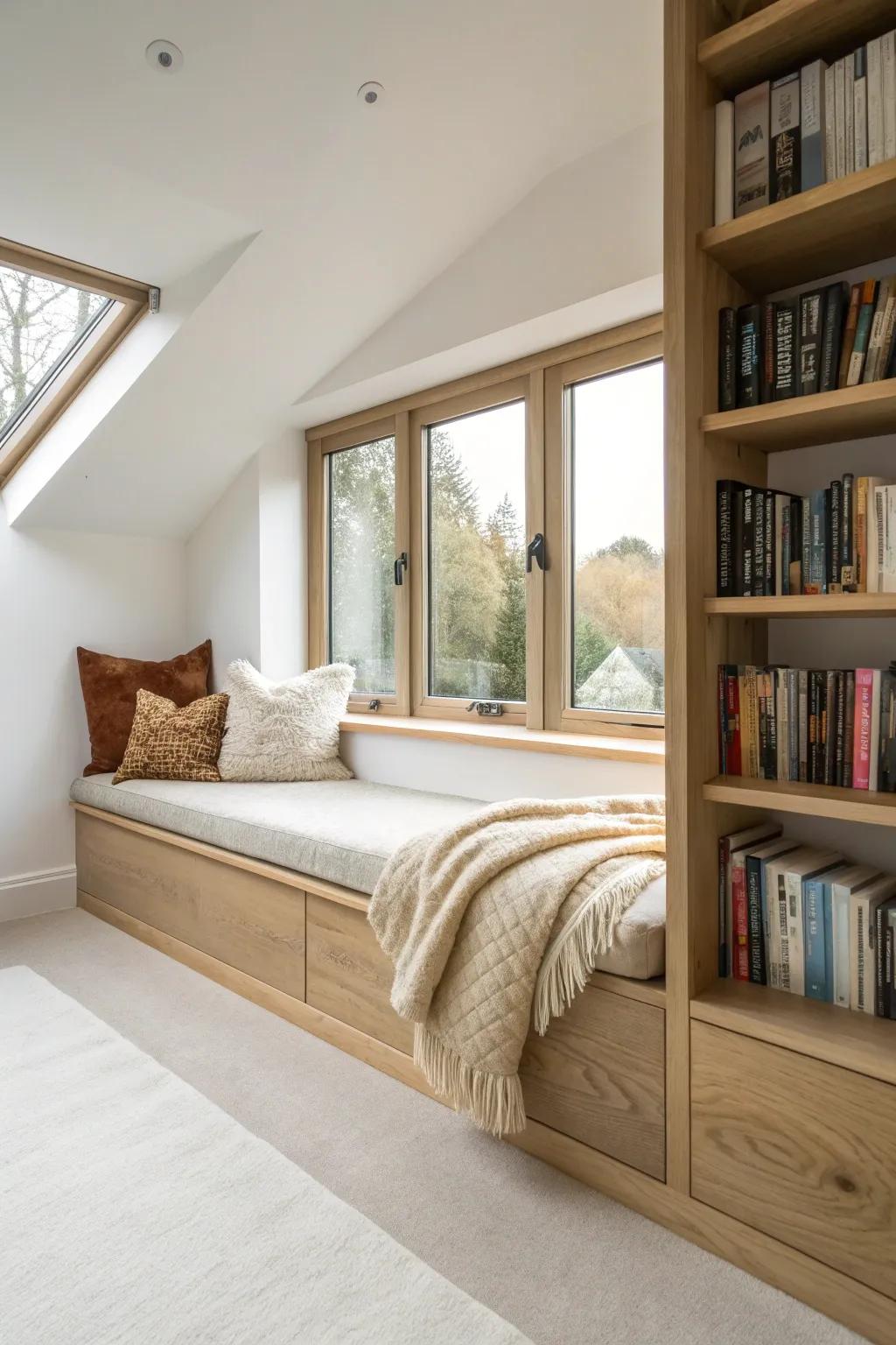 Loft window seat cocooned by books—linen cushion, chunky knit throw, morning light.
