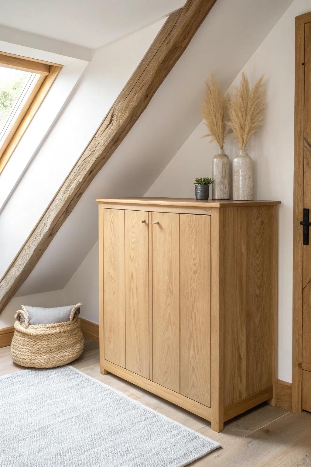 Custom under-eaves cabinet doors: hide loft clutter in calm, crafted Scandinavian style.