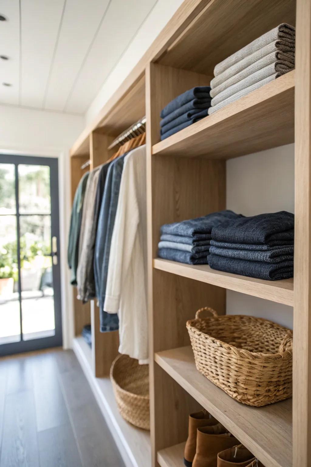 Grab-and-go open shelves keep a long closet airy—folded denim and knits always in sight.
