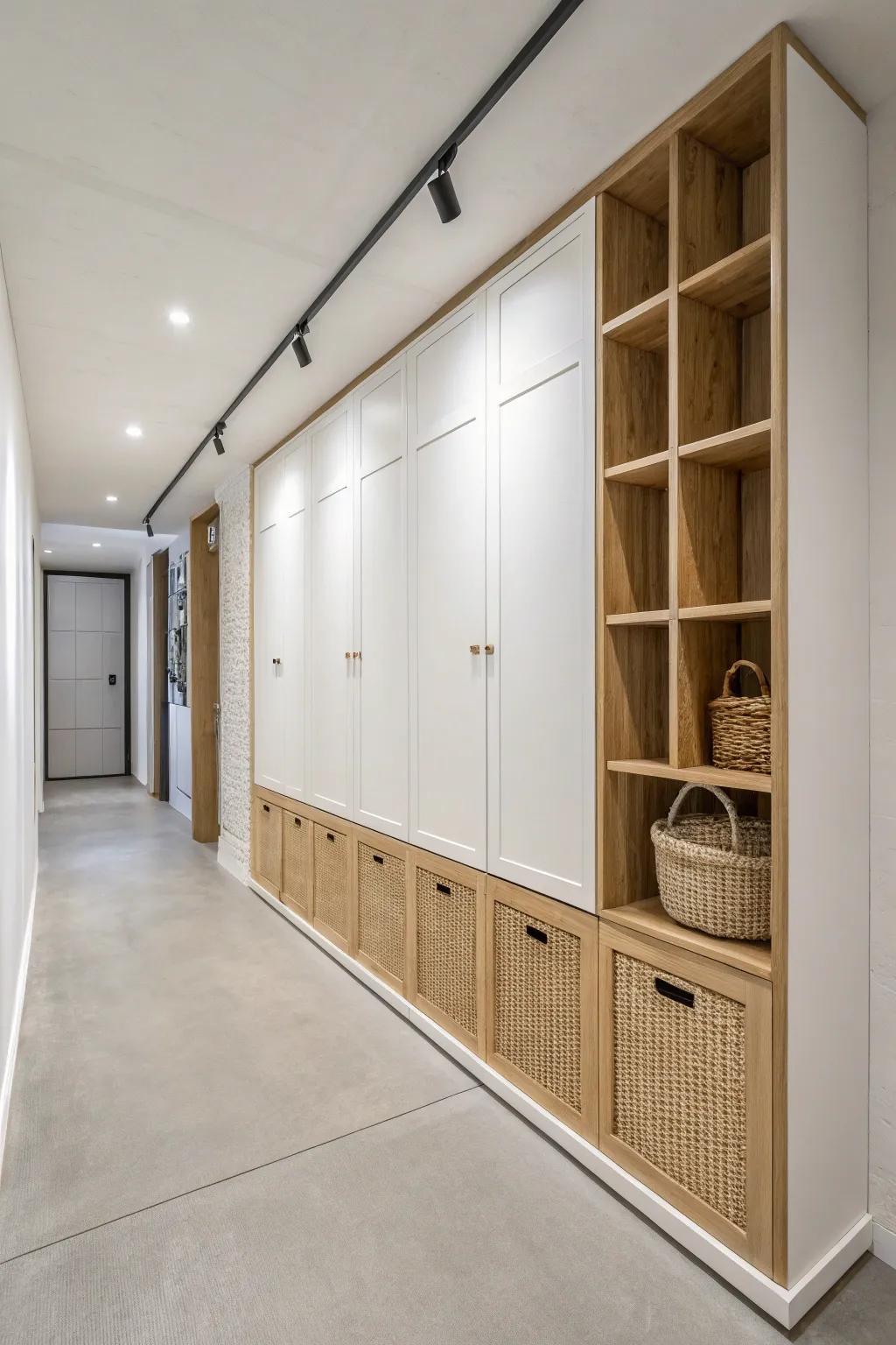 A sleek storage spine—oak and white built-ins—makes a long, narrow basement feel calm.