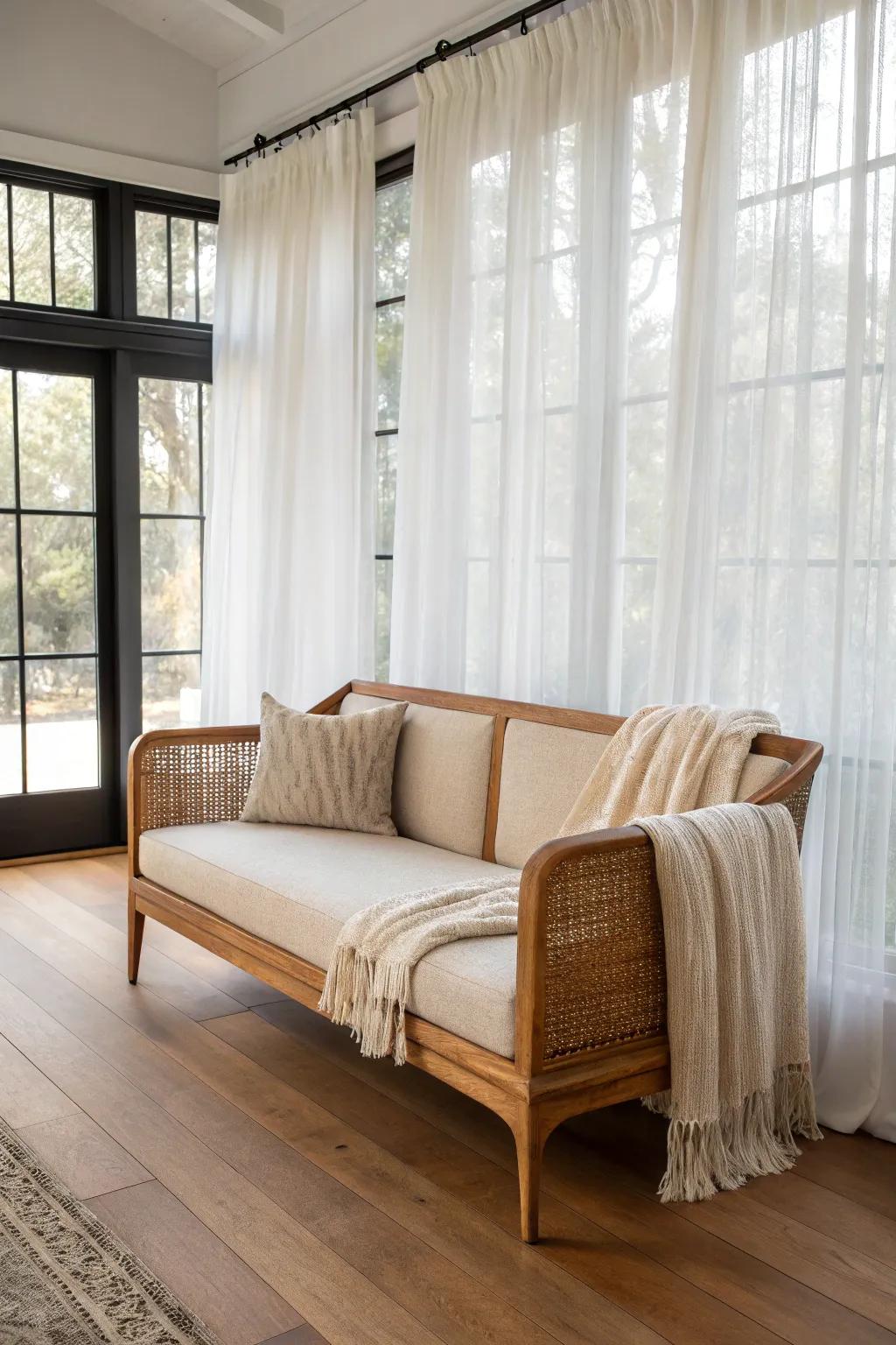 A slim linen loveseat keeps a long narrow sunroom open, bright, and effortlessly cozy.