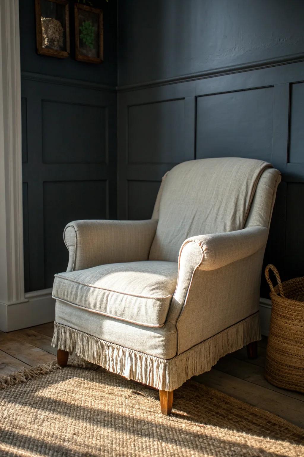 Thrifted chair + moody light = instant man-cave throne for small spaces, on a budget.