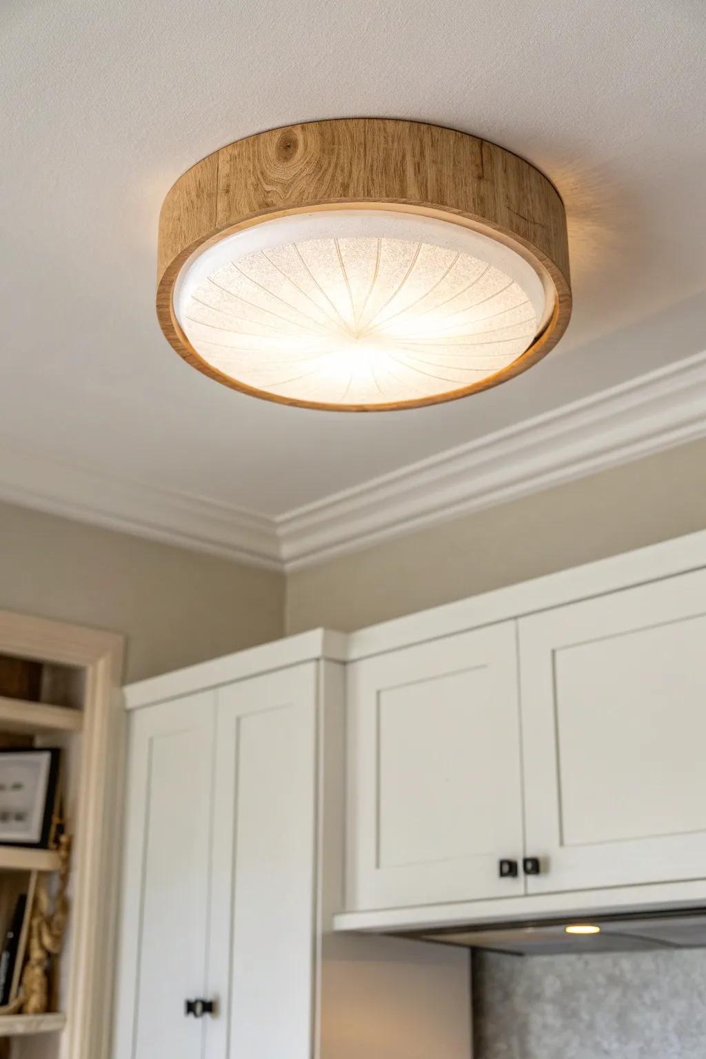 Flush-mount ceiling light: bright, headspace-friendly glow that makes low kitchens feel taller.
