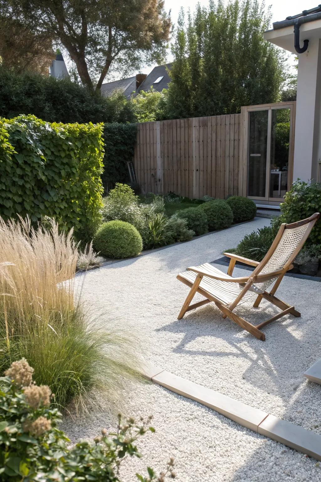 Perimeter planting, open center: a no‑grass gravel yard that feels bigger and needs less weeding.