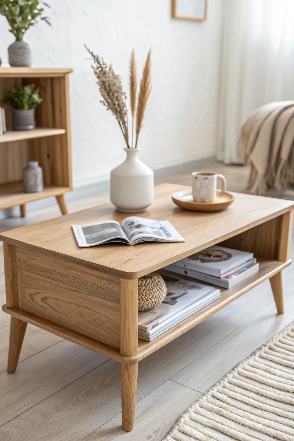 A coffee table with a magazine cubby makes your stacks look styled, not stuffed.