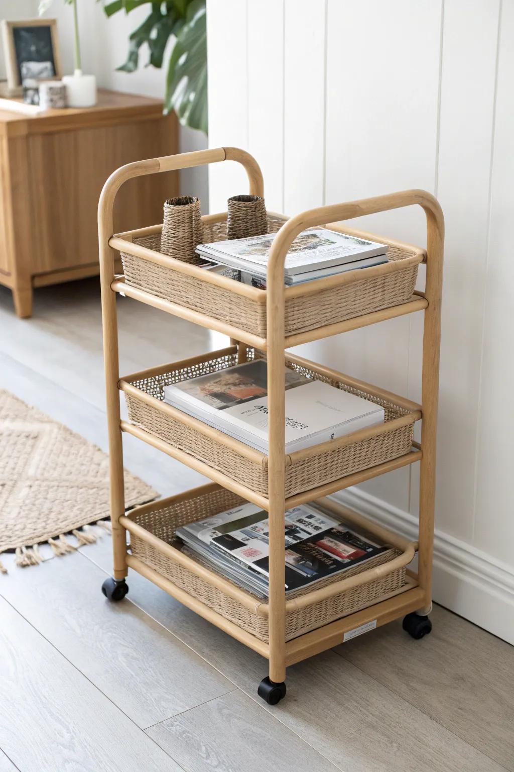 A chic rolling cart keeps new magazines on top and older reads neatly stacked below.