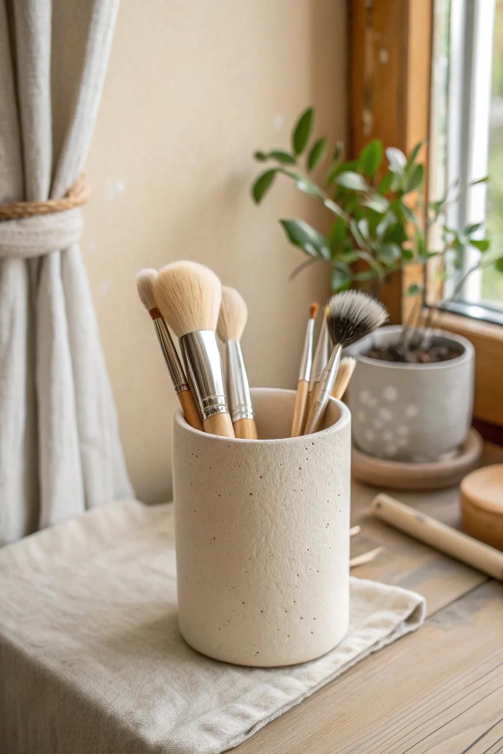 Upright brushes in a simple ceramic cup—fluffy bristles and every handle visible in seconds.