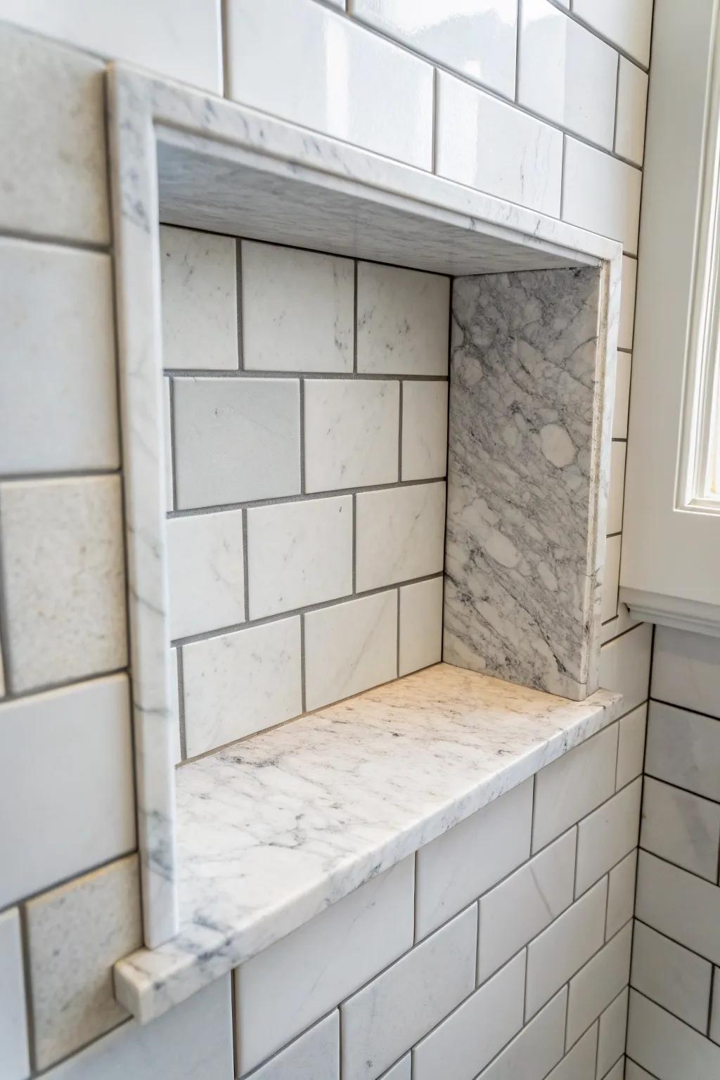 A slim marble shelf insert elevates a tiled shower niche—simple, luxe, and space-smart.