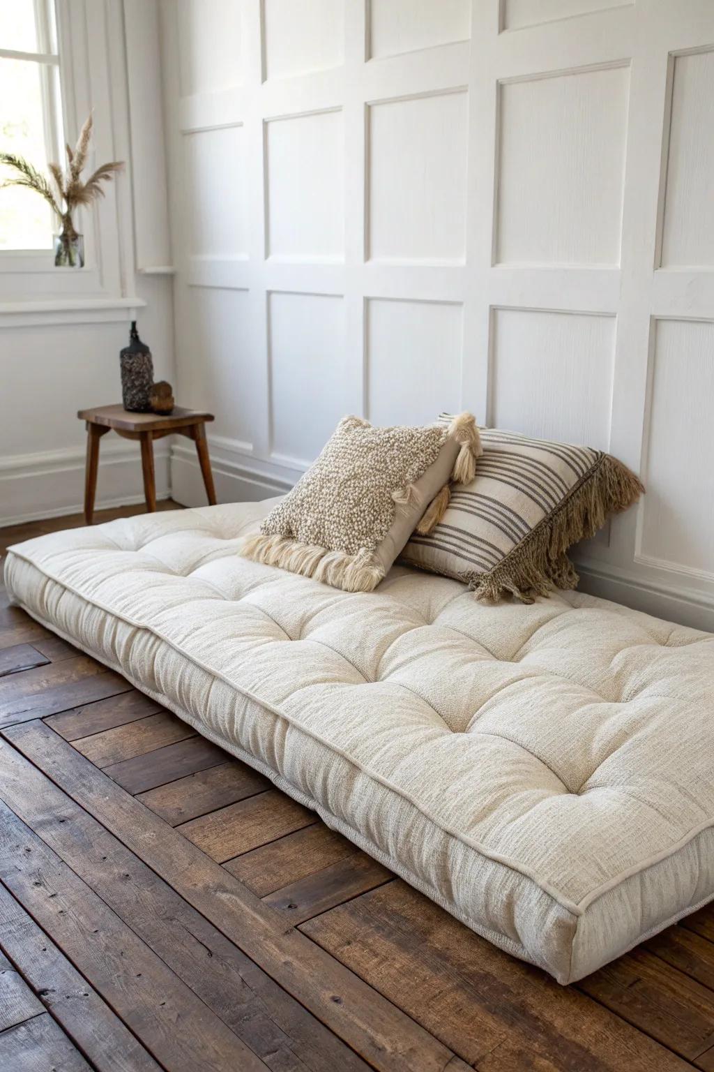 Turn a floor mattress into a daybed—layer throw pillows plus one oversized back cushion.