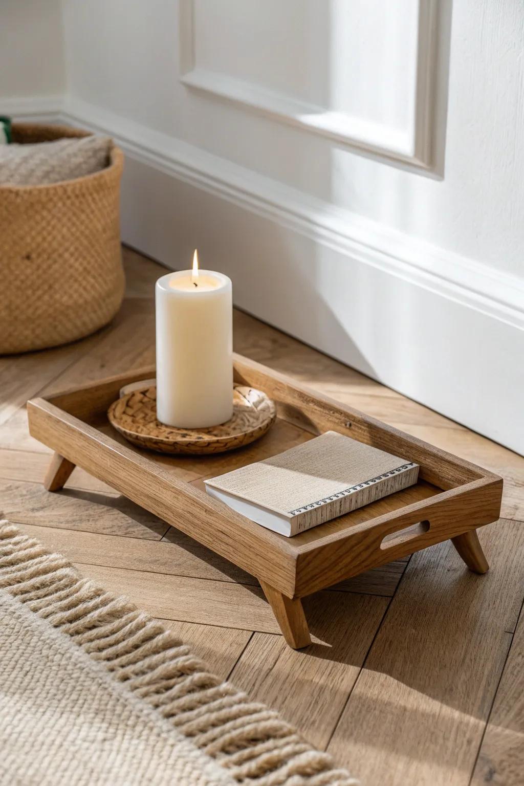 A tiny floor tray altar—candle + journal—for a serene, clutter-free meditation corner.