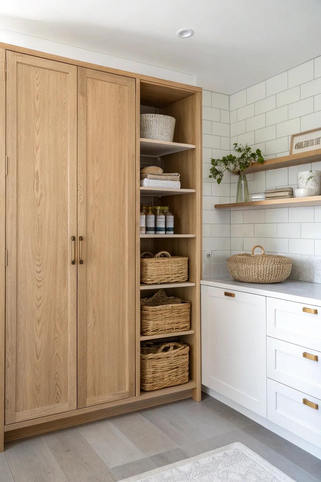 Ceiling-high cabinets make micro kitchens feel bigger—store seasonal items up top, daily ones below.