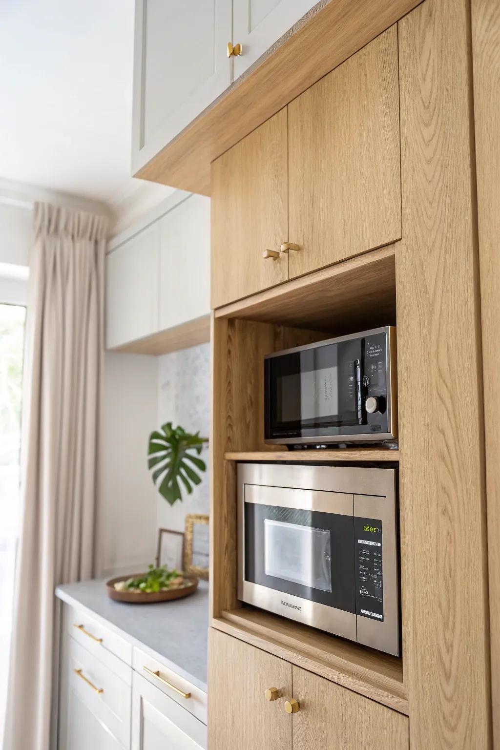 Lift-up door microwave nook: sleek, space-saving, and easy to open with one hand.