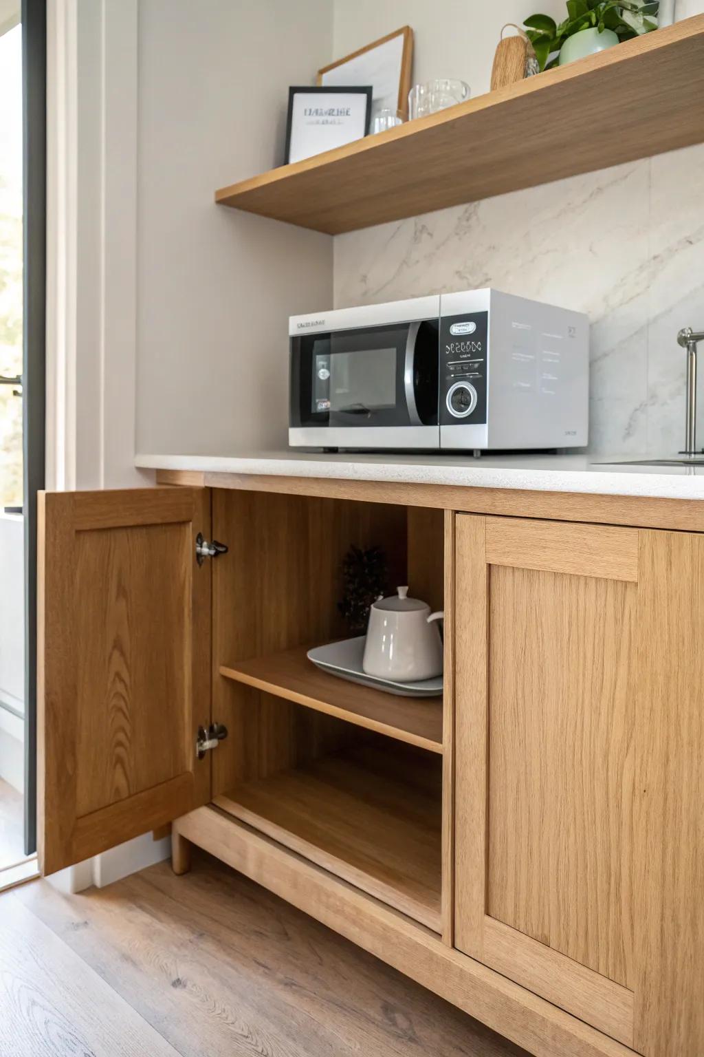 Tuck your microwave under the counter on an open shelf—easy access, zero visual clutter.