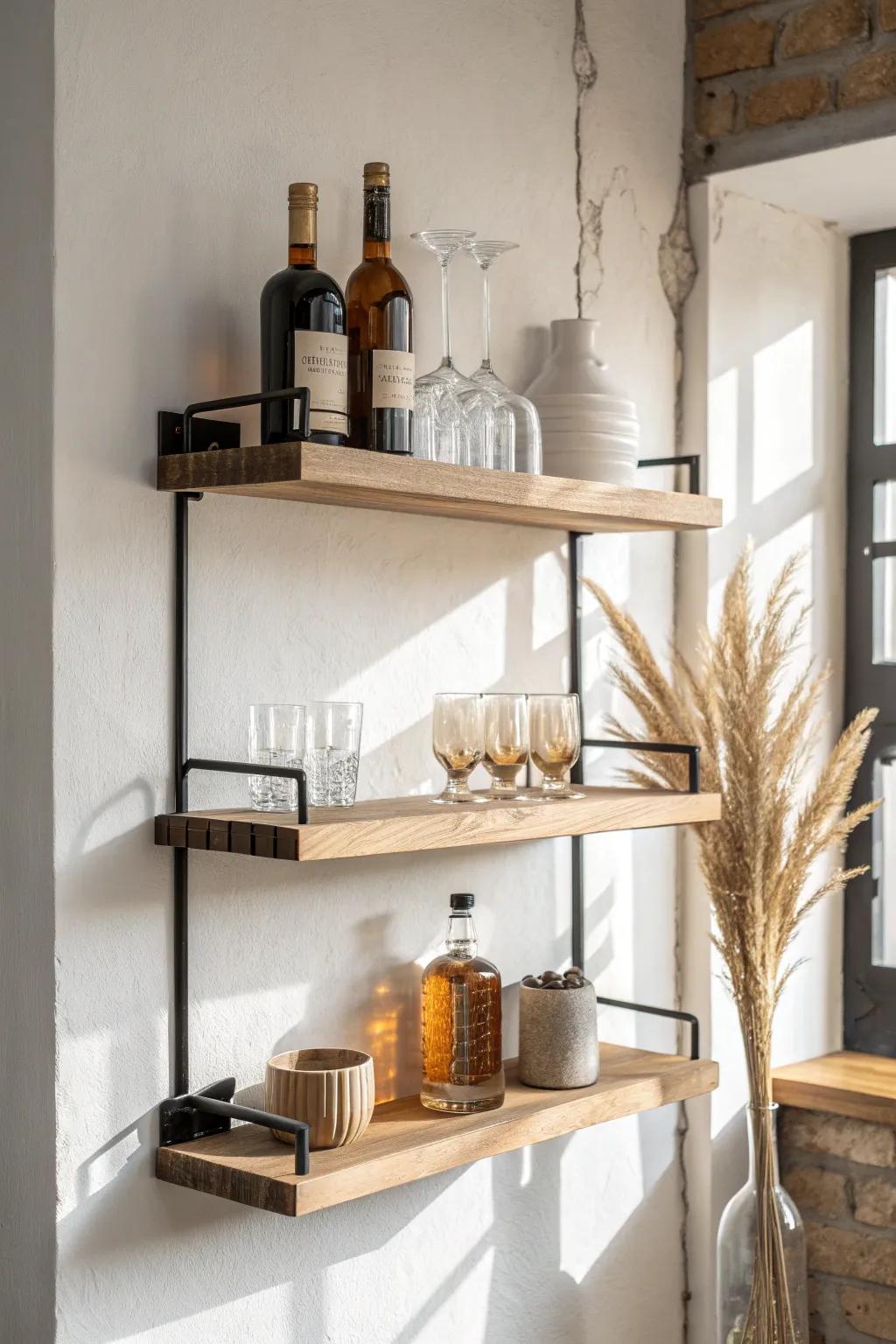 A clean floating-shelf bar wall: bottles below, glassware above—perfect for small spaces.