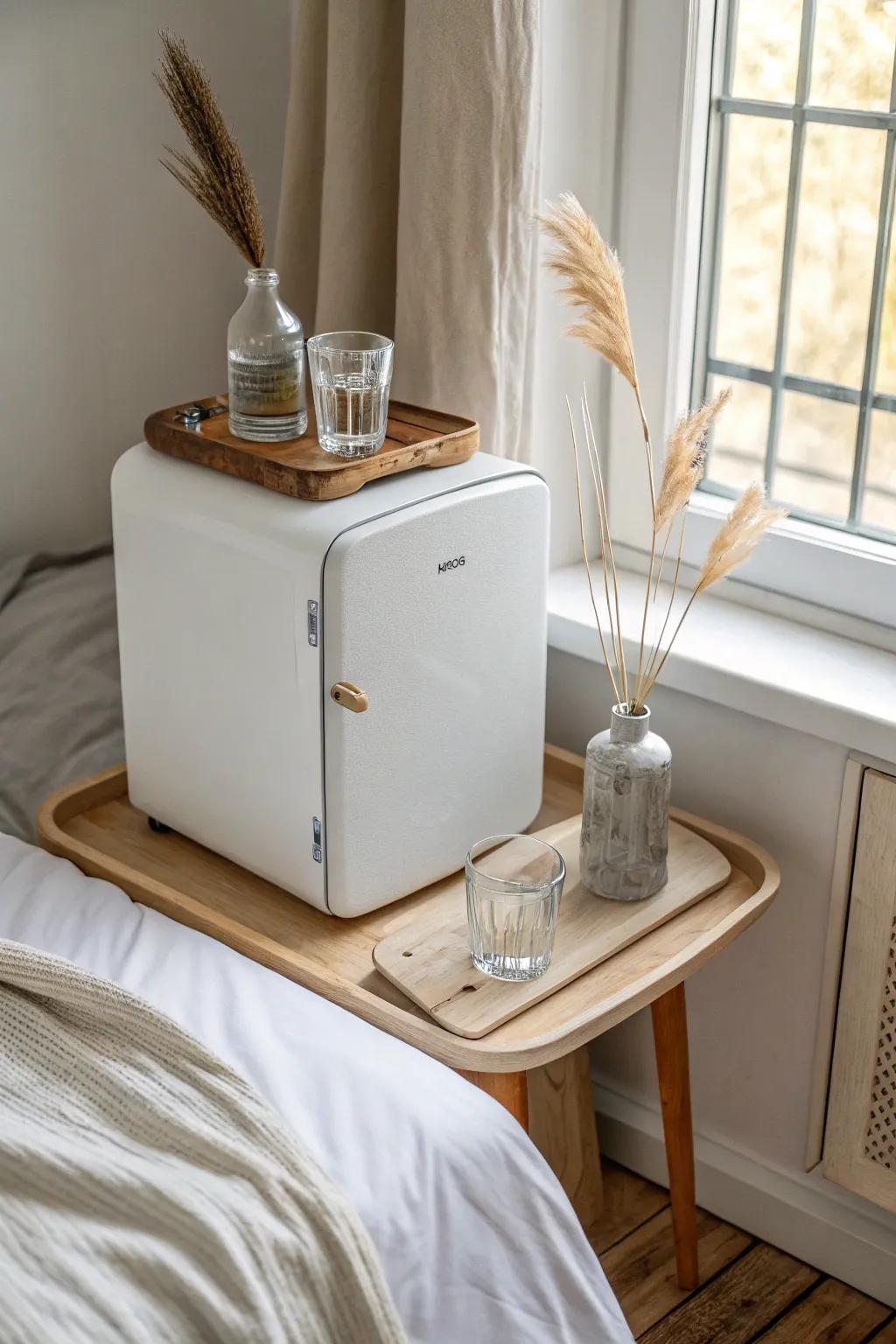 A boutique-hotel beverage station: mini fridge + simple tray for a polished bedroom refresh.