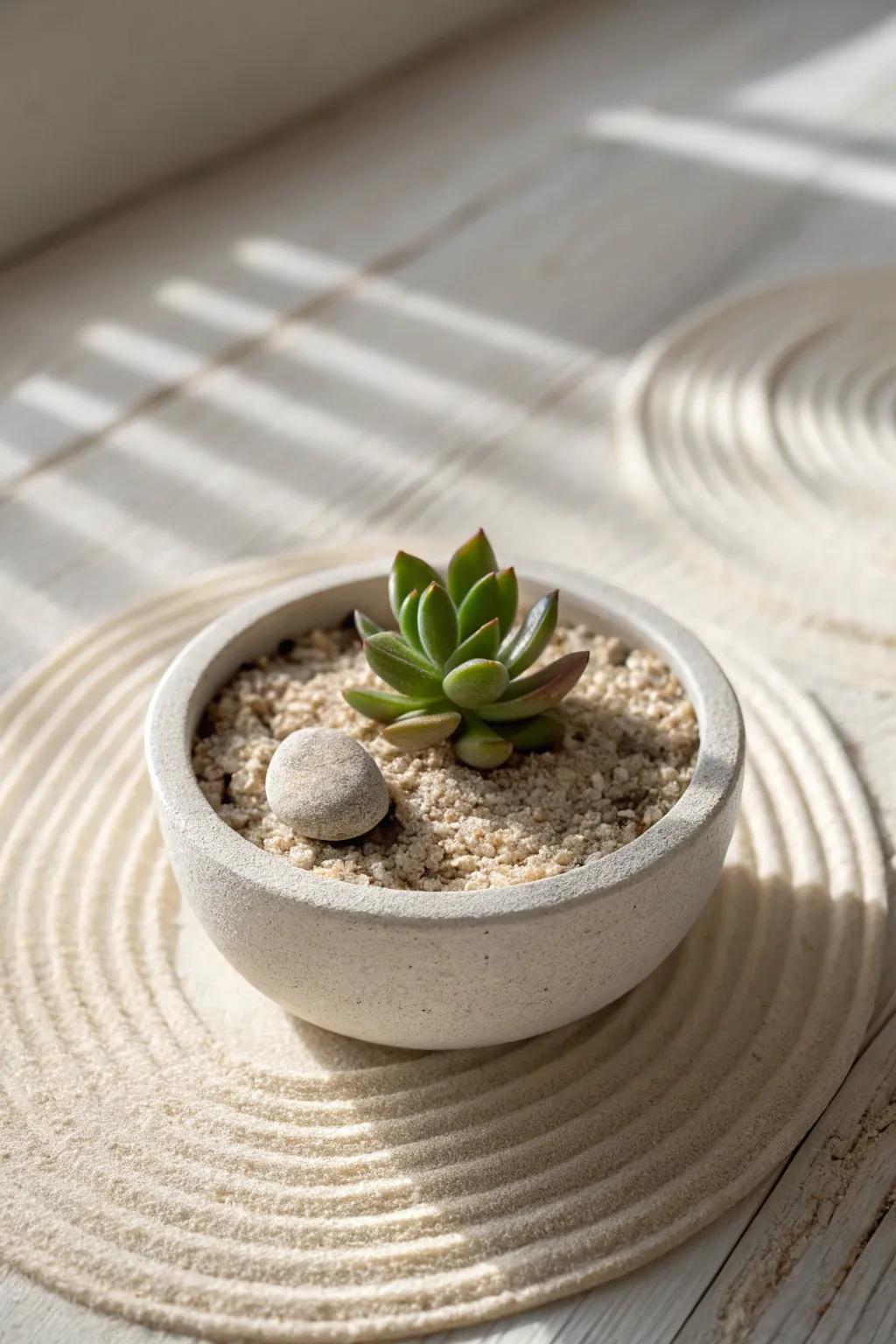 A tiny succulent on pebbles keeps your zen sand clean—minimal, calming, and low-maintenance.