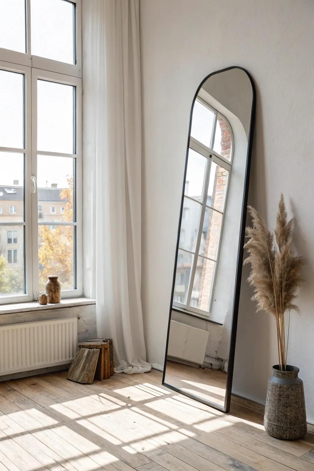 Lean an oversized mirror by the window to bounce light and keep your small space calm.