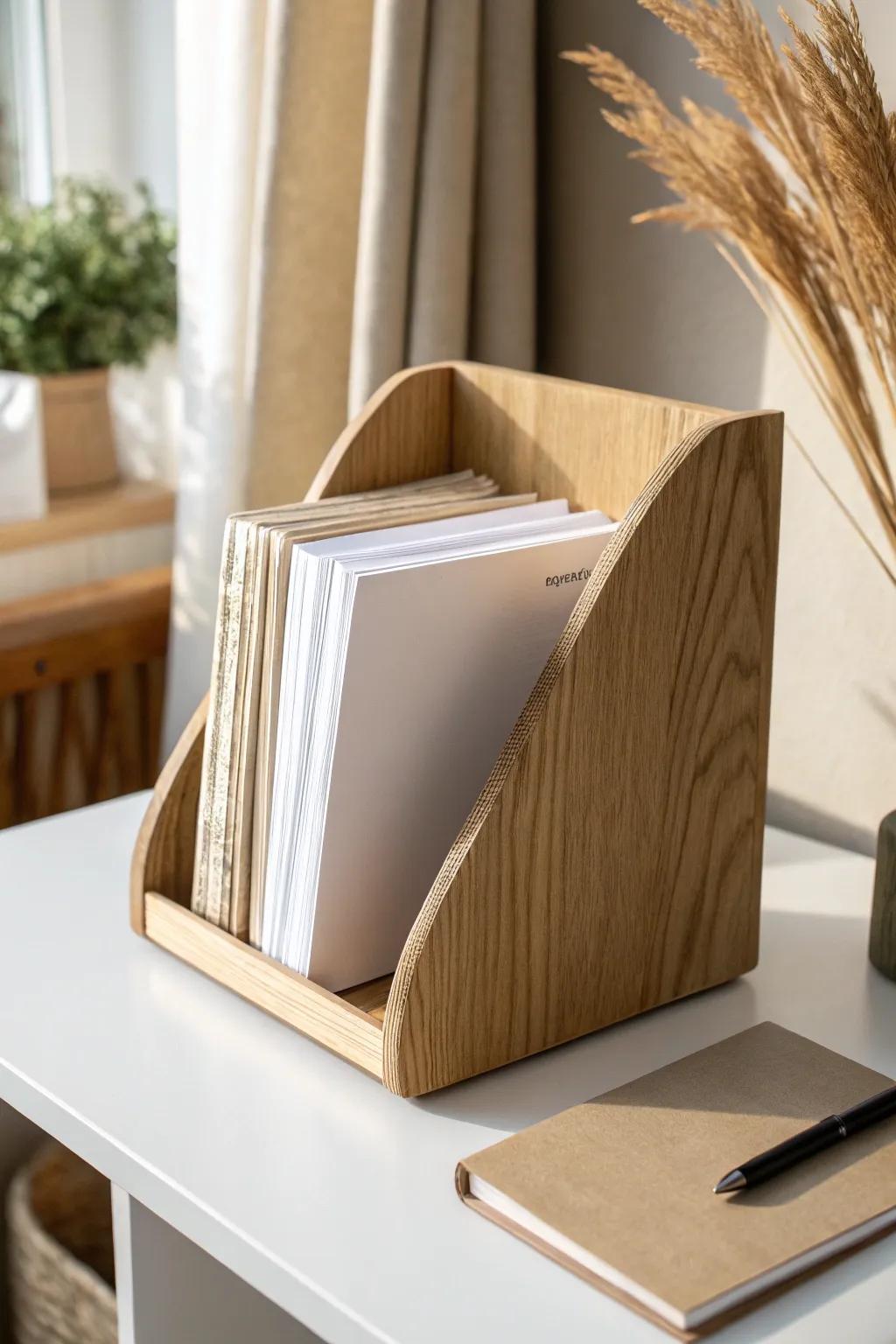 Skip the stacks—store papers upright for a calmer desk and grab what you need in seconds.