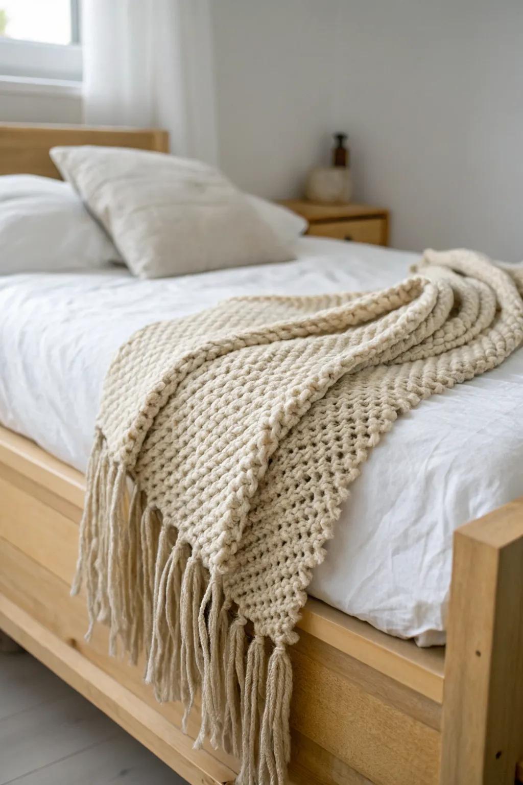 One chunky-knit throw adds cozy texture to a minimalist dorm—warm, intentional, never cluttered.