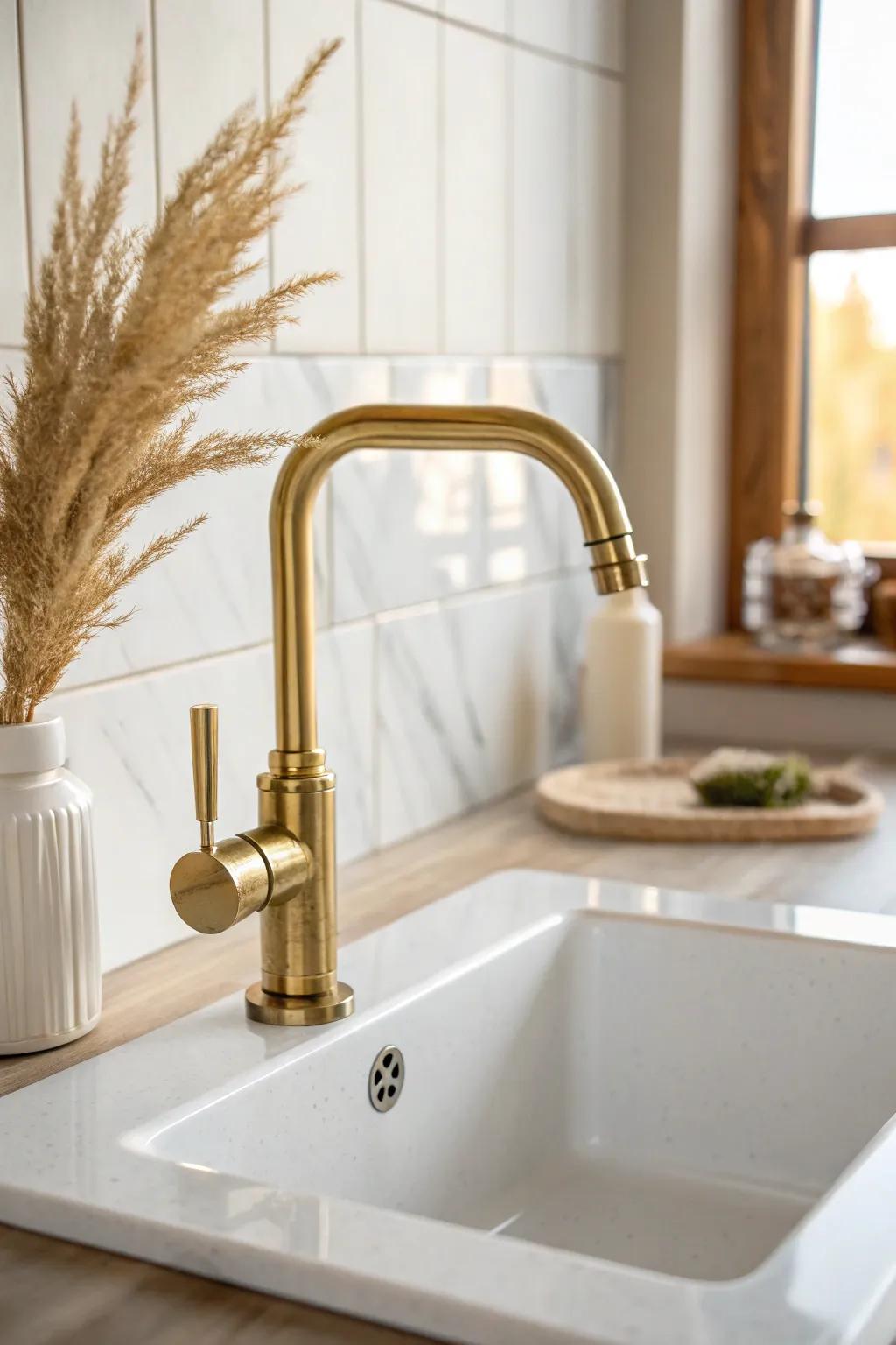 One metal finish, repeated: brushed brass brings calm, cohesive minimalist kitchen style.