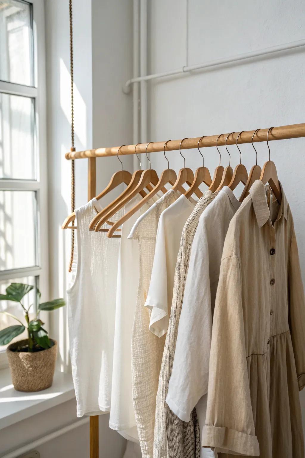 Leave breathing room on the rod—space between hangers makes your wardrobe feel instantly calm.