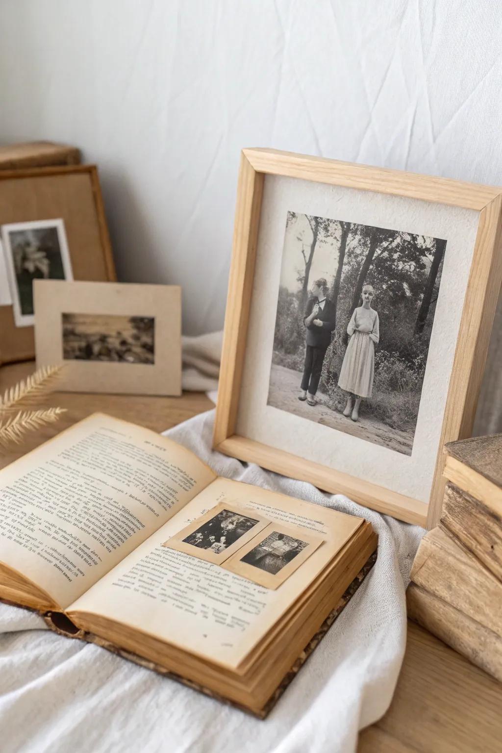 Embrace nostalgia with a blend of vintage photos and book pages, perfect for adding sentimental charm to your space.