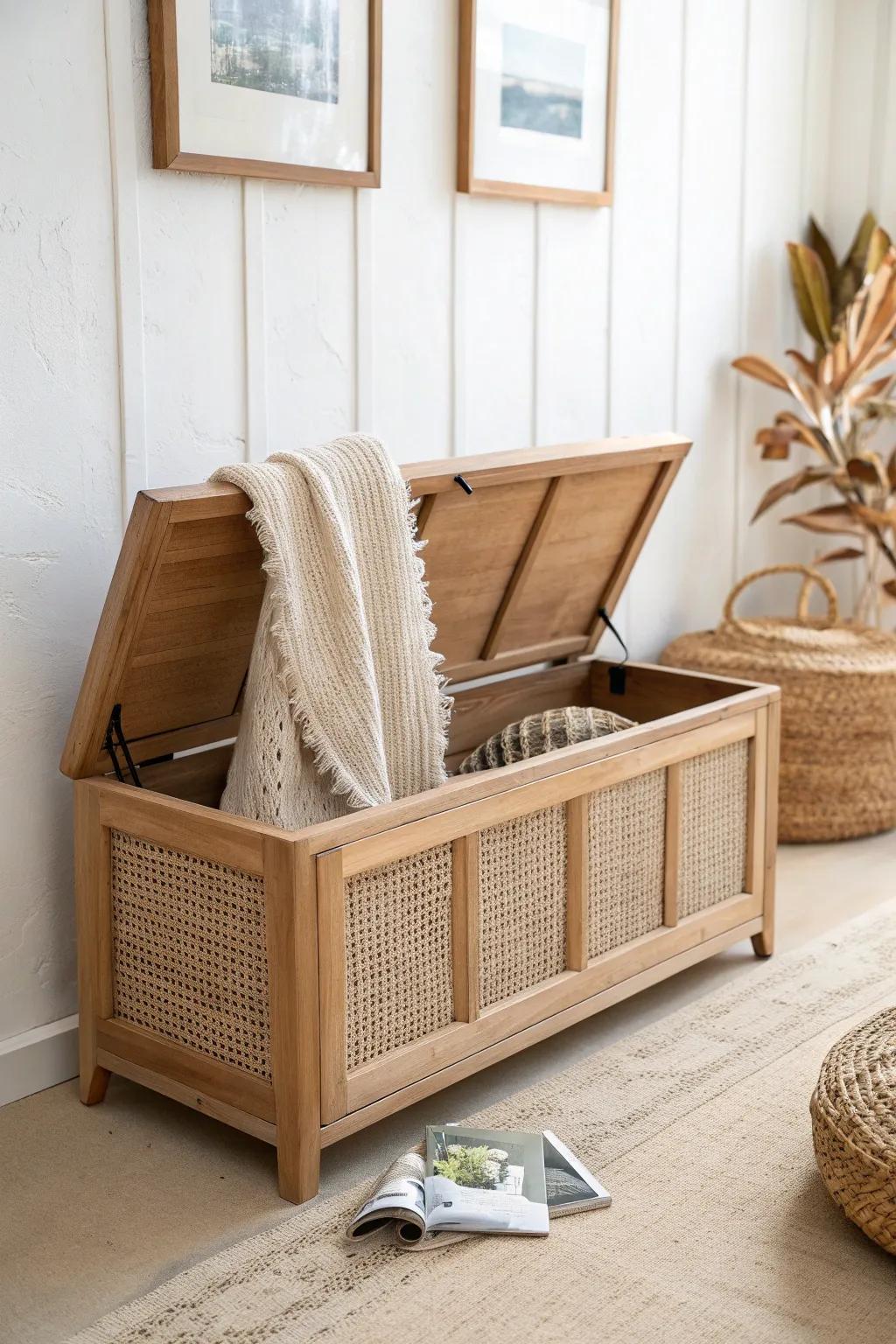 A sleek lift-top storage bench hides shoes and throws—small-space calm, not chaos.