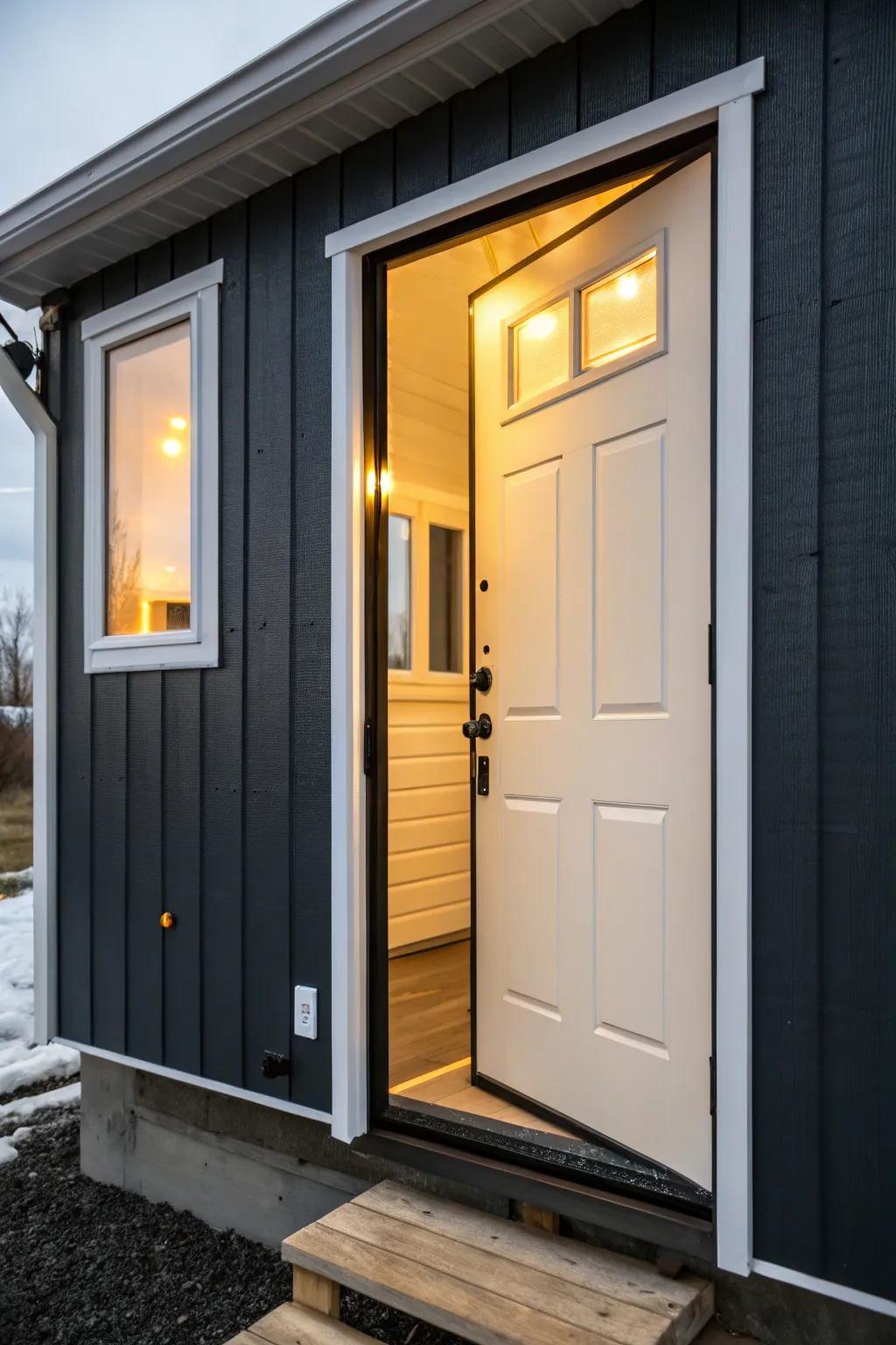 A snug insulated front door keeps your mobile home warm—minimal style, maximum comfort.