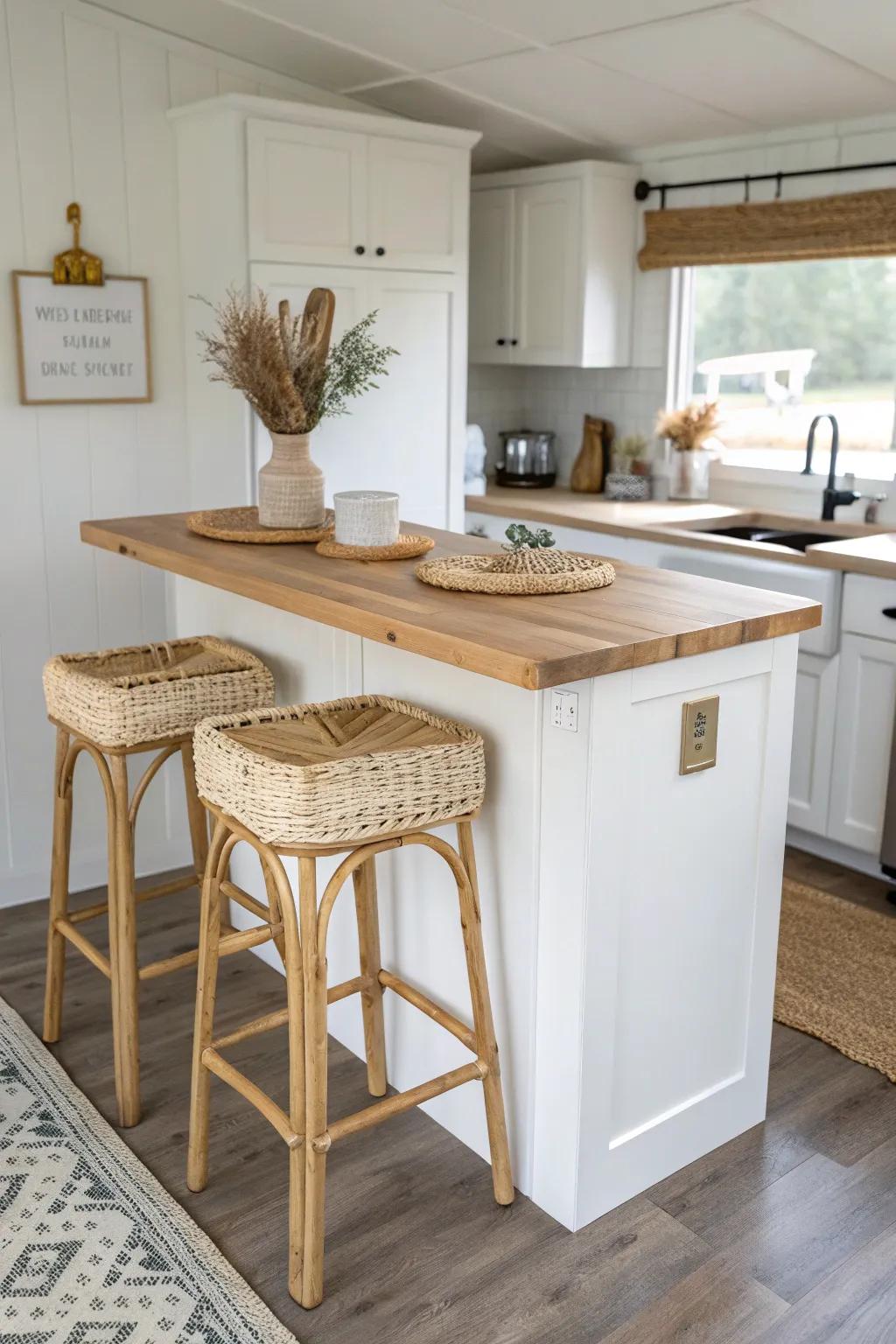 Slim eat-in island with tuck-in stools—extra prep space and casual dining for tiny kitchens.