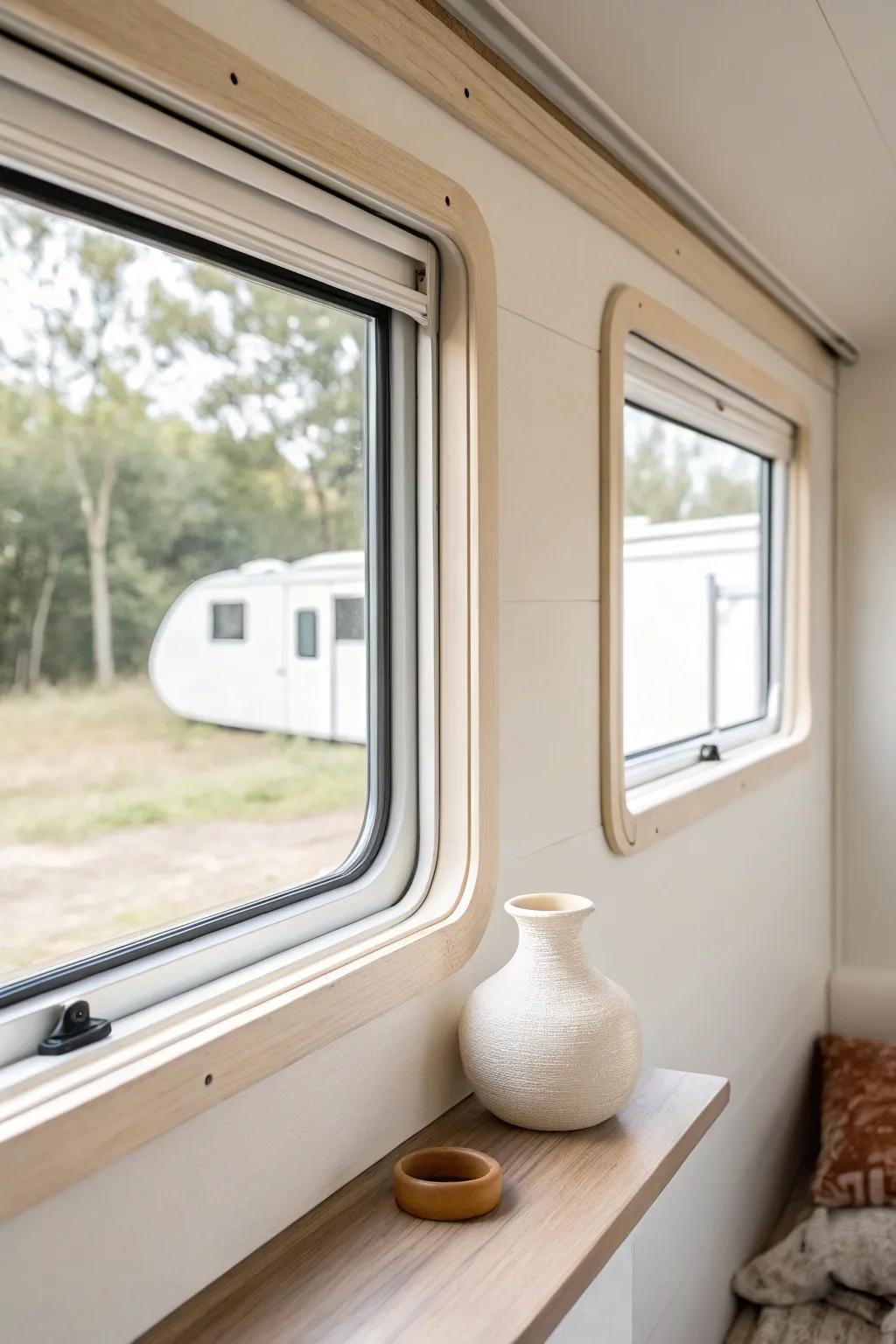 Wall-matching window trim creates a seamless, calming look—perfect for small mobile home rooms.