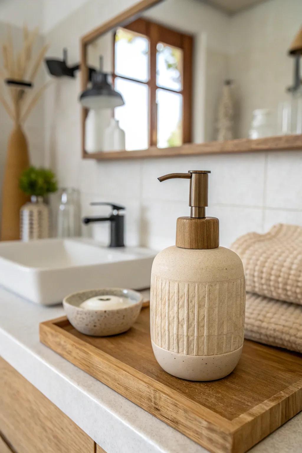 Warm neutrals and a handcrafted soap dispenser bring calm, luxe style to a small master bath.