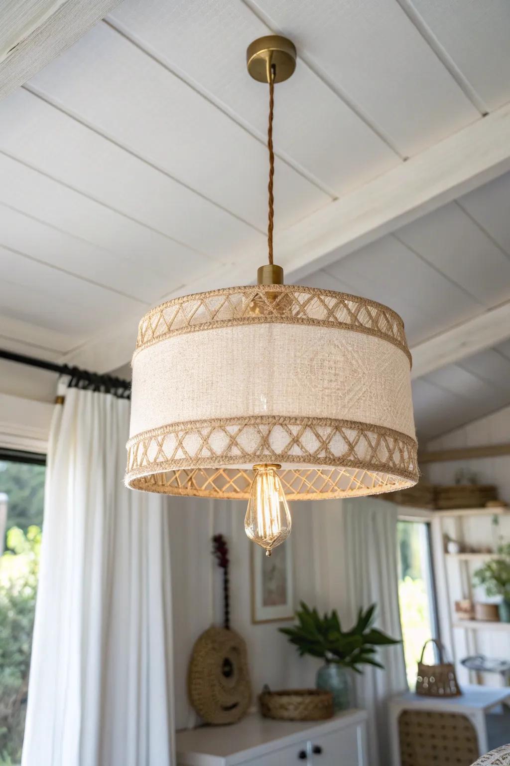 Swap bulky fixtures for an airy pendant—layered glow makes small mobile homes feel bigger.