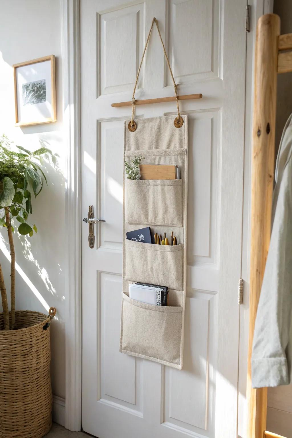 Over-the-door organizer = instant mobile home storage—pockets keep essentials off the floor.