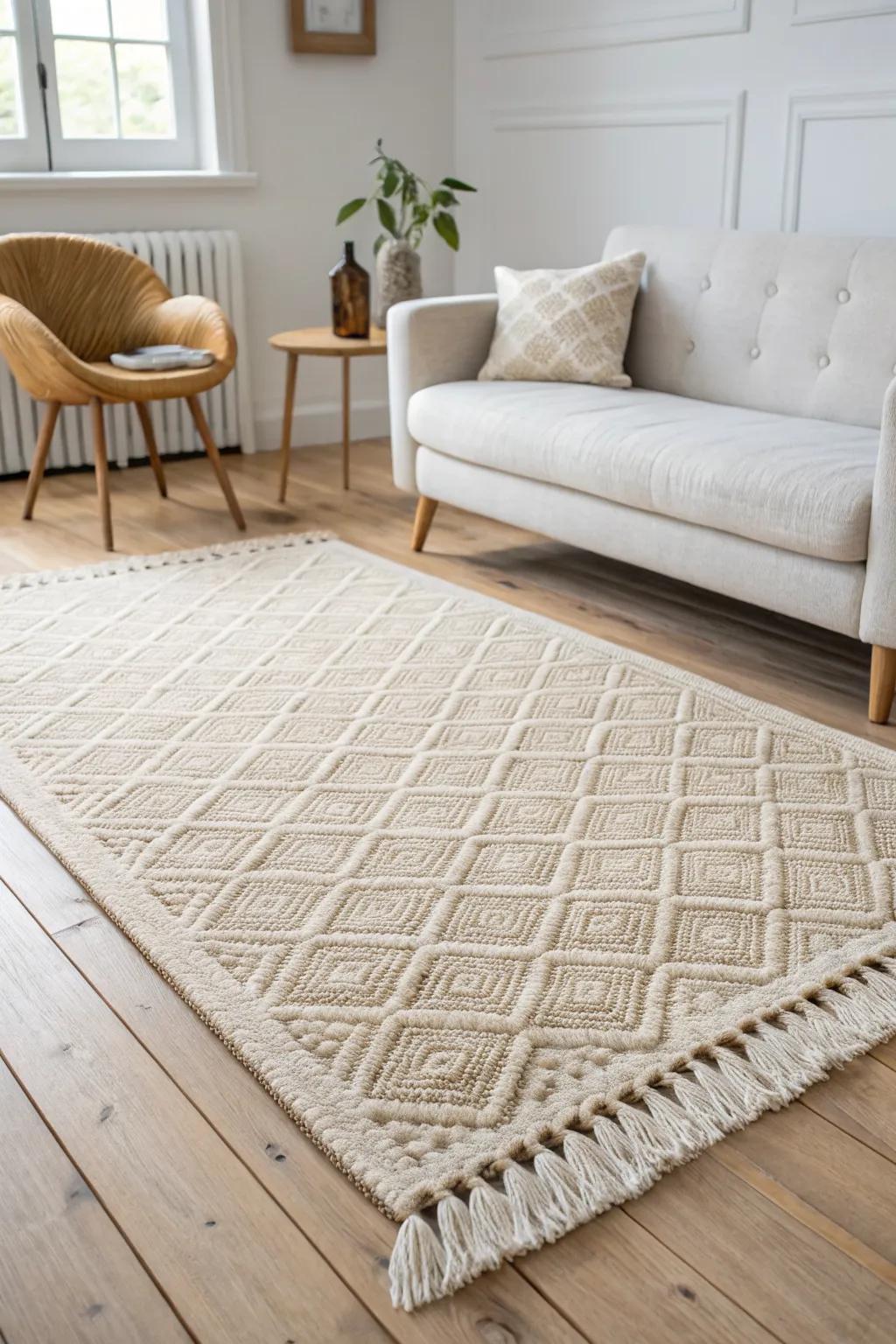 Go oversized: one large rug anchors seating and instantly defines a modern living zone.