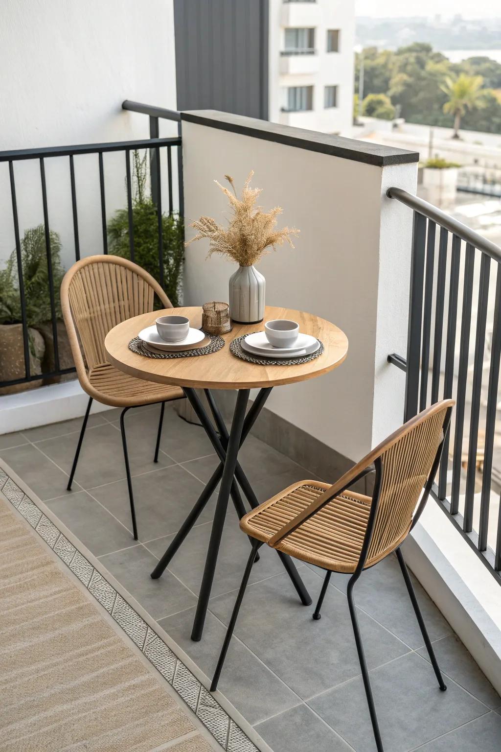 Compact bistro set by the railing—your small balcony becomes a chic spot to sip and work.