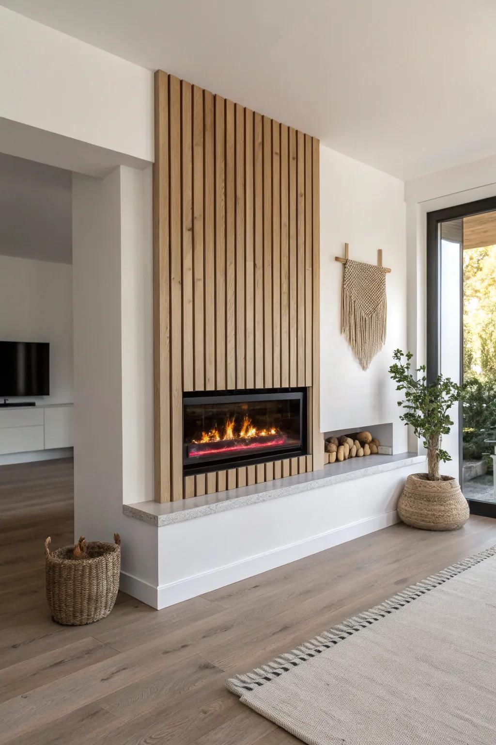 Vertical oak slats + a slim electric fireplace = instant height and modern warmth for small rooms.