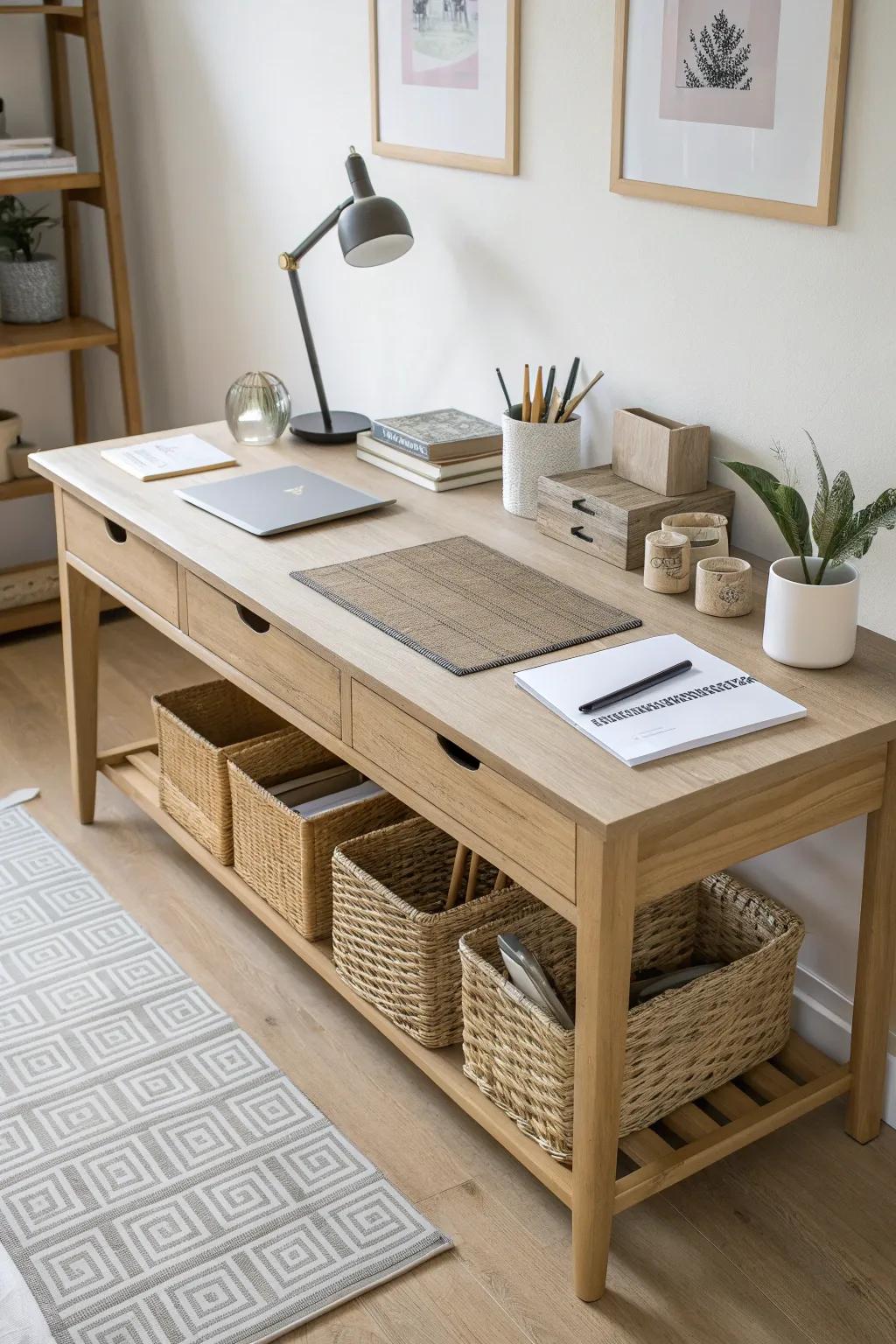 A long oak desk with separate storage on each side—his-and-hers WFH, clutter-free.