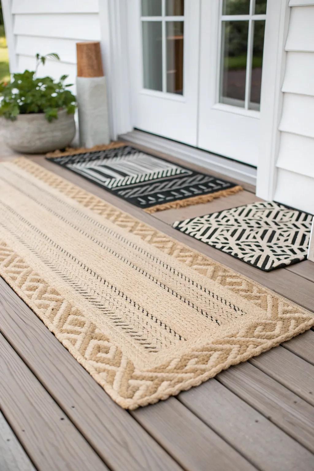 Layered outdoor rug + patterned mat to outline a tiny modern porch like a cozy outdoor room