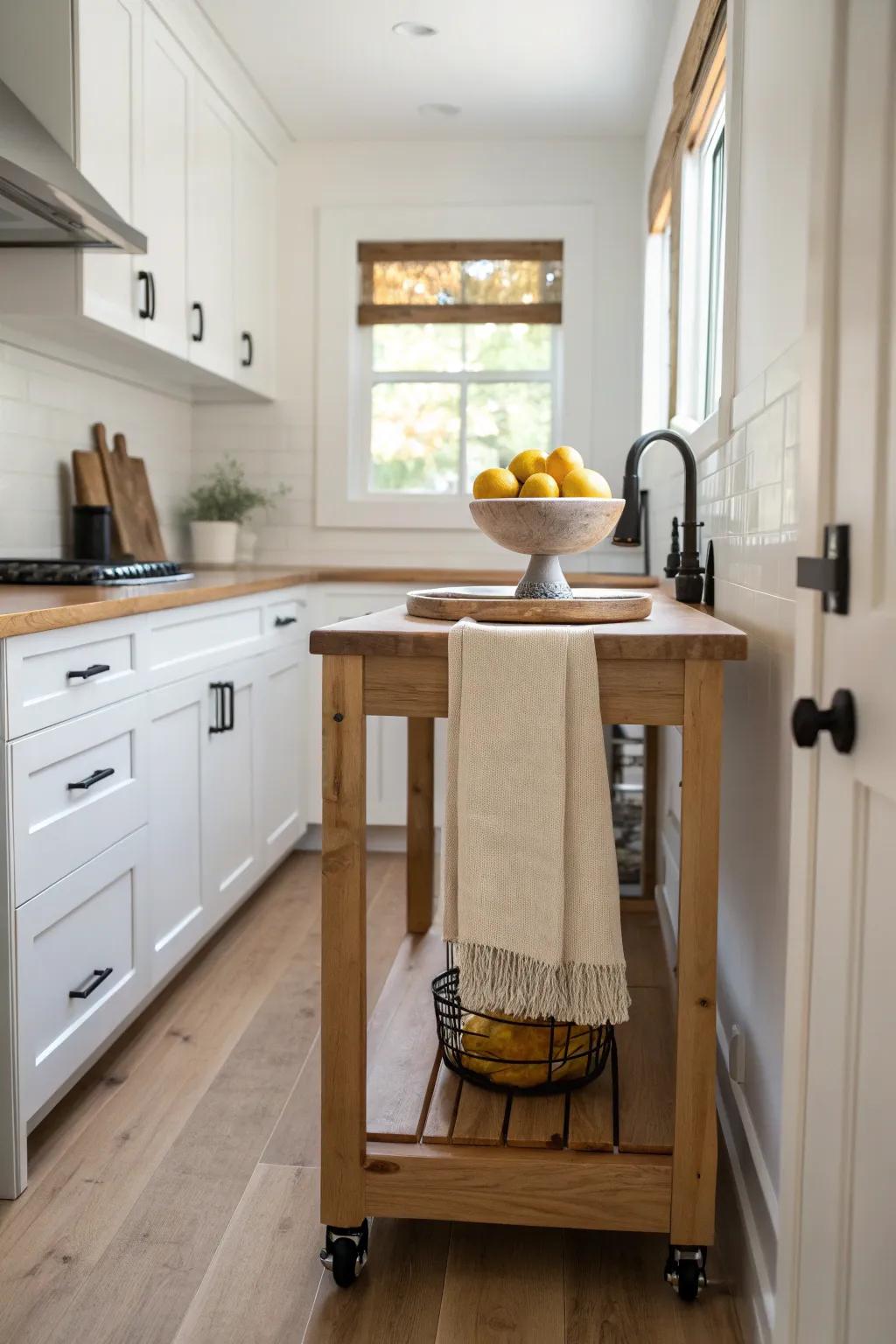 A slim prep cart turns a tight galley kitchen into an efficient, airy cooking zone.