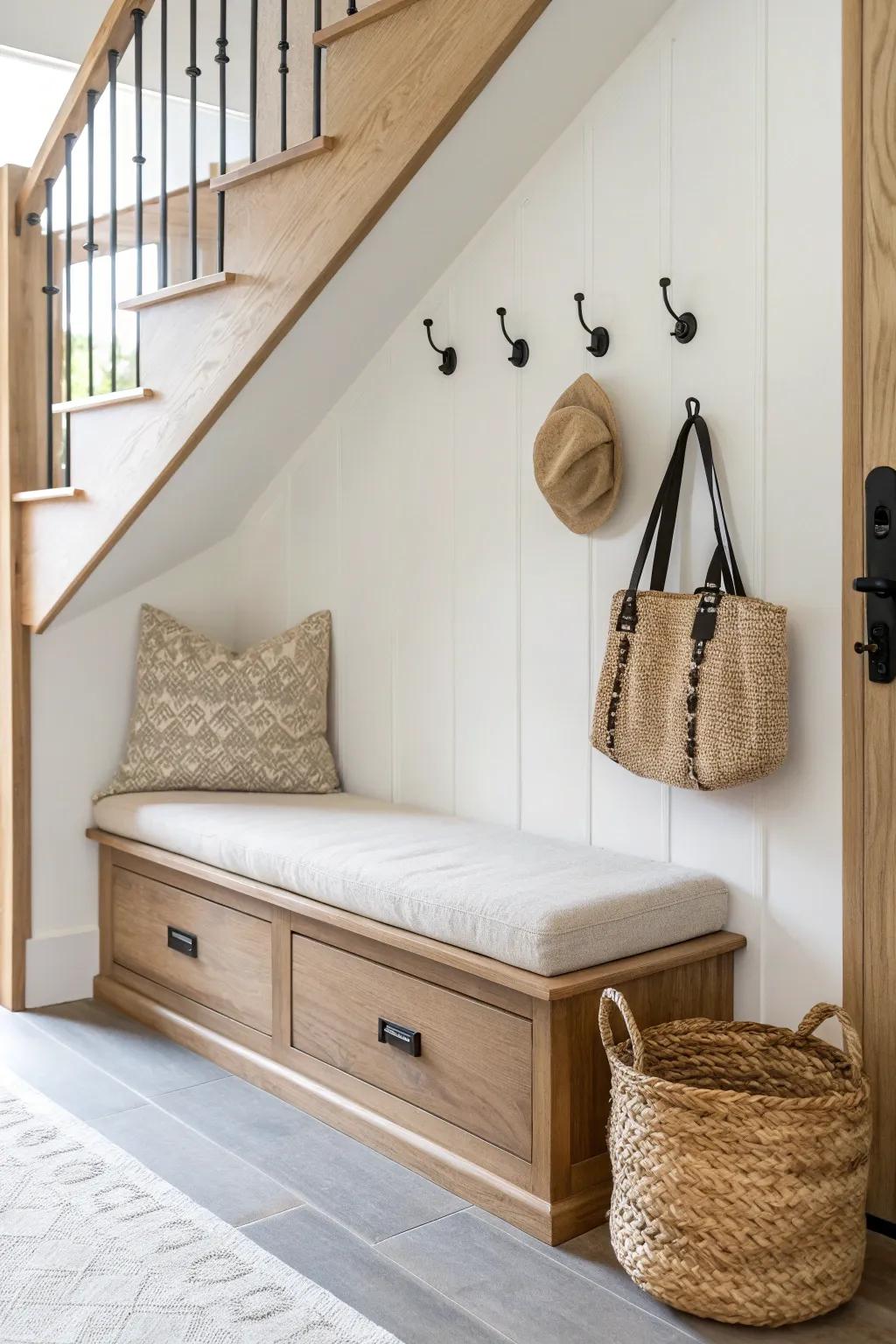 A sleek under-stairs mudroom bench with hooks—minimal, warm, and perfectly tidy for small entries.