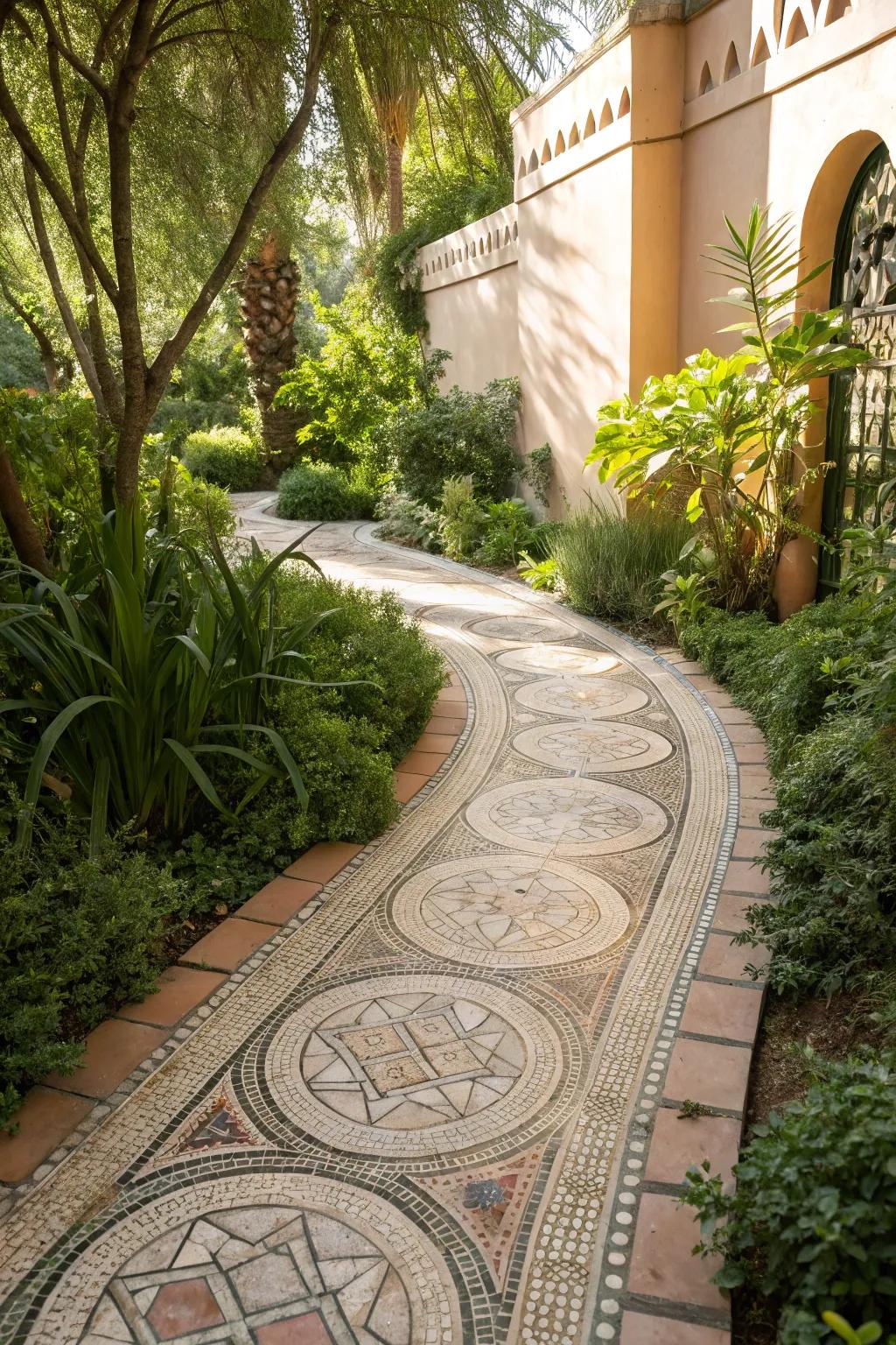 Transform your garden into a whimsical escape with a stunning mosaic pathway.