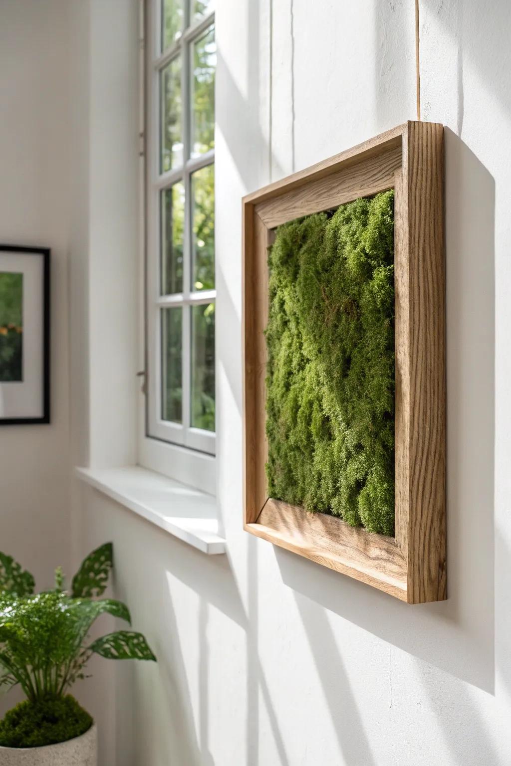 A lush moss frame in an airy gallery wall brings layered, luxe texture without clutter.