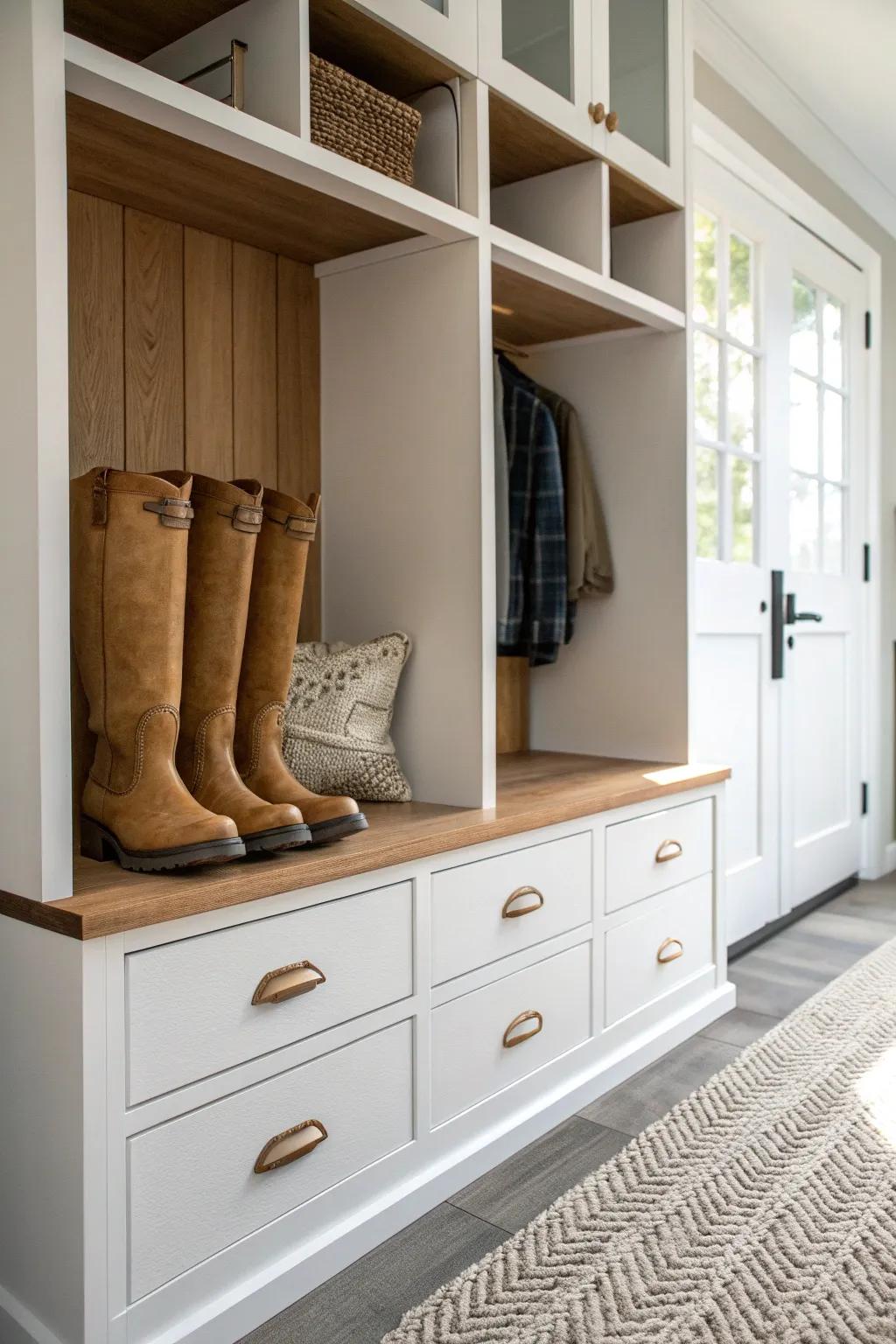 Built-in shoe cubbies keep boots upright and entryways serene—perfect for small mudroom closets.