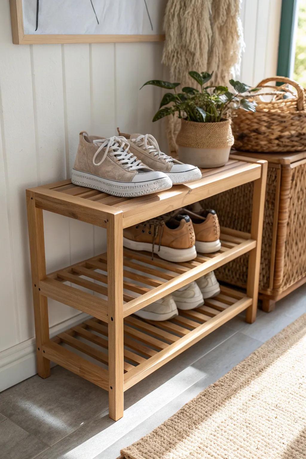 A two-tier shoe shelf under a slim console keeps hallway “mudroom” storage calm and tidy.
