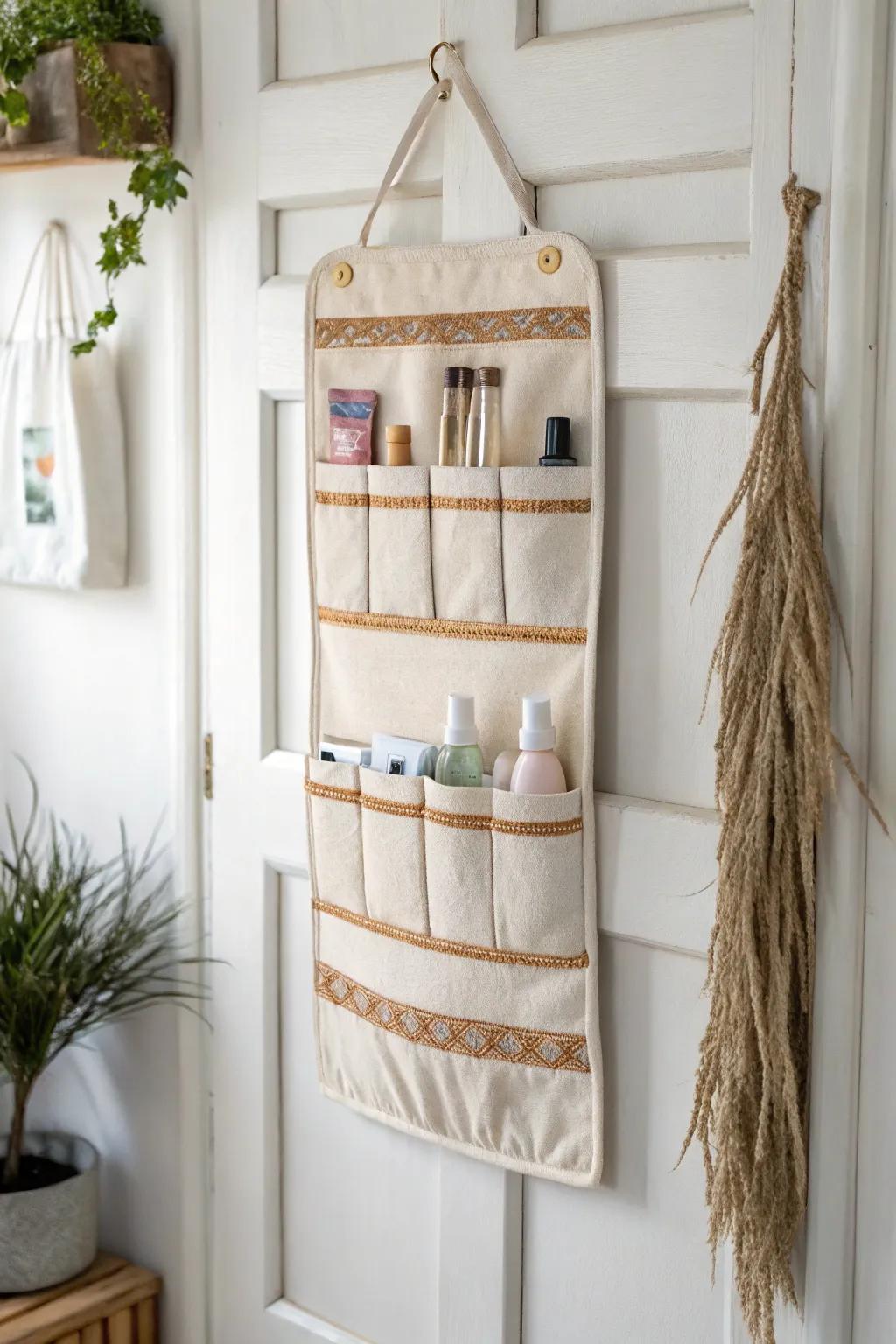 Over-the-door pocket organizer that keeps nail polish and essentials tidy in tiny spaces.