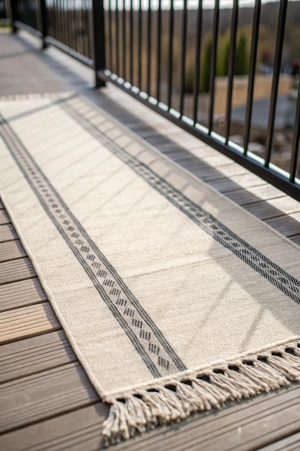 A rug runner laid lengthwise makes a narrow balcony feel intentional and cozy.