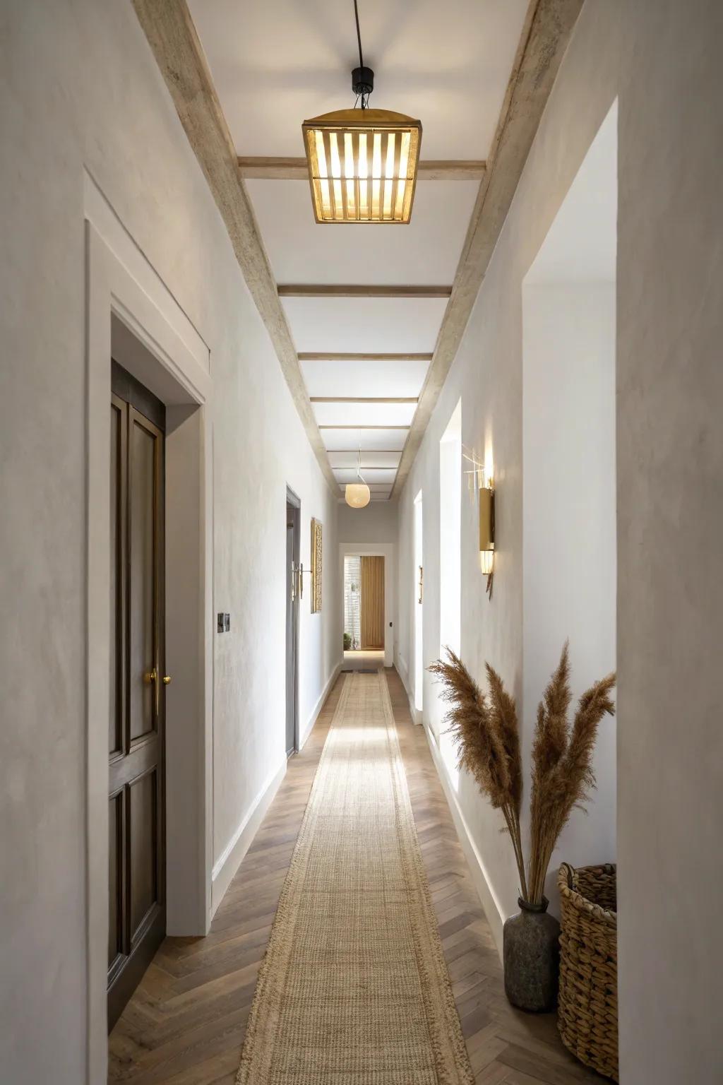 A sleek linear ceiling light that visually lengthens a narrow hallway with warm, calm glow.