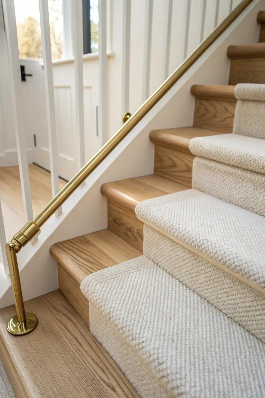 Slim brass stair rods add a quiet, jewelry-like finish to a narrow stair runner.